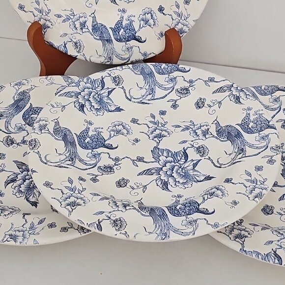 Staffordshire Engravings Bird of Paradise Salad Plate 7" blue white chintz set/4 - Picture 6 of 11